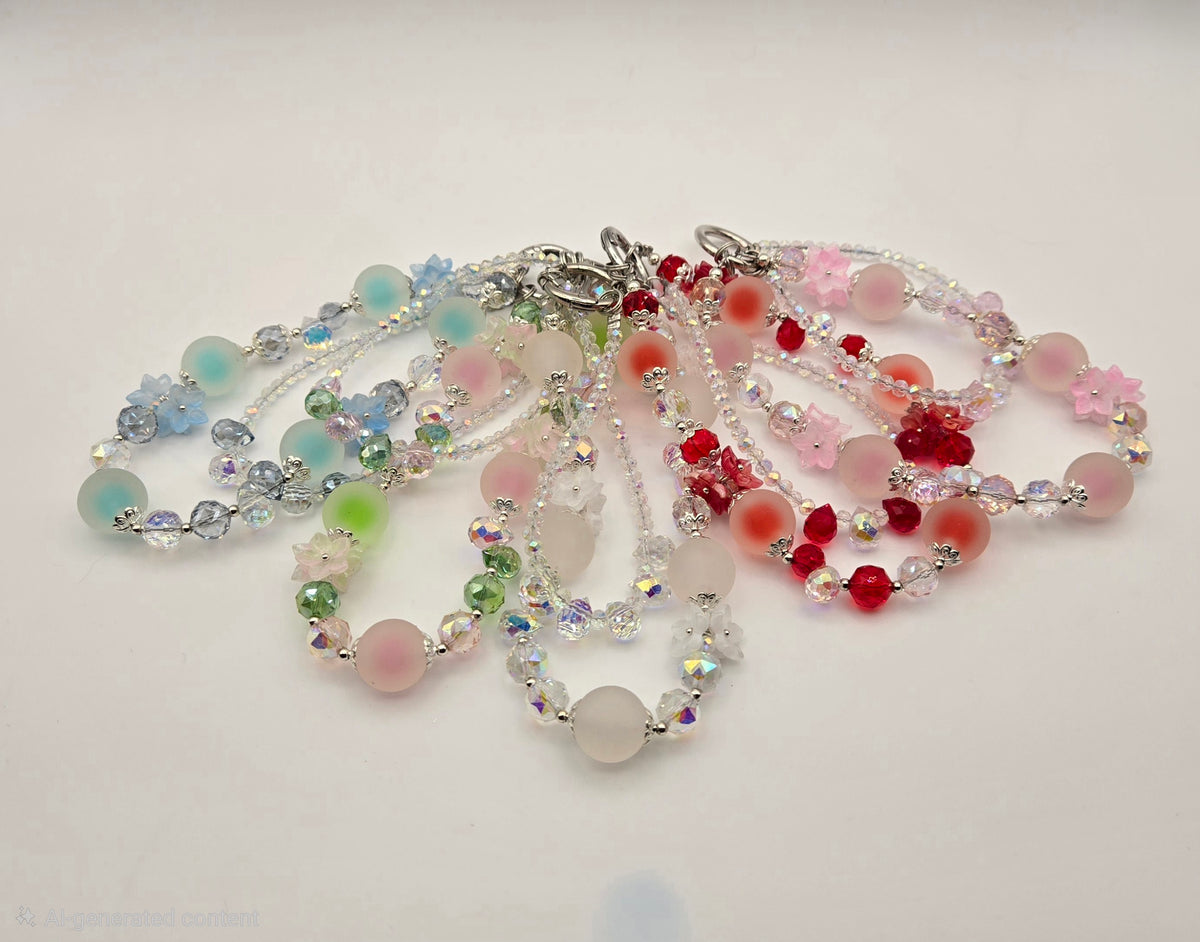 Frosted Blossoms phone charm collection with five colorful floral designs