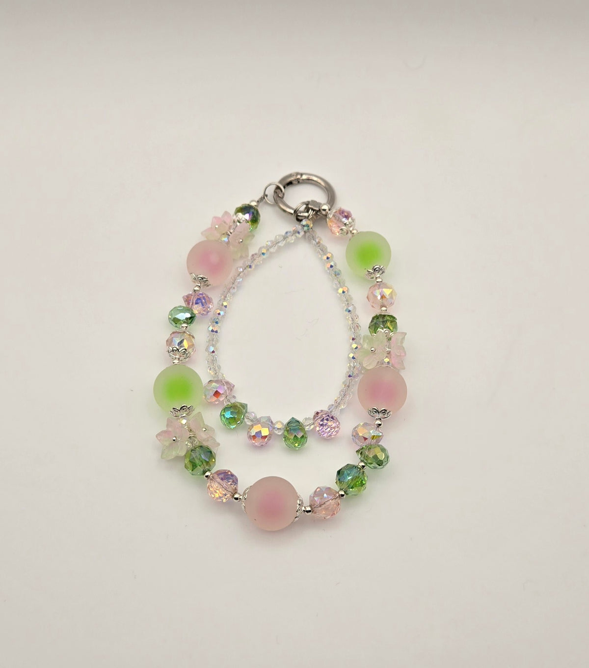 Garden Bloom pink and green Frosted Blossoms phone charm with frosted beads and floral accents