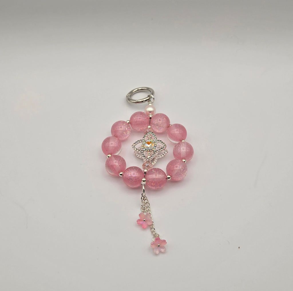 Crystal Blossom pink beaded phone charm with silver crystal focal and flower dangles