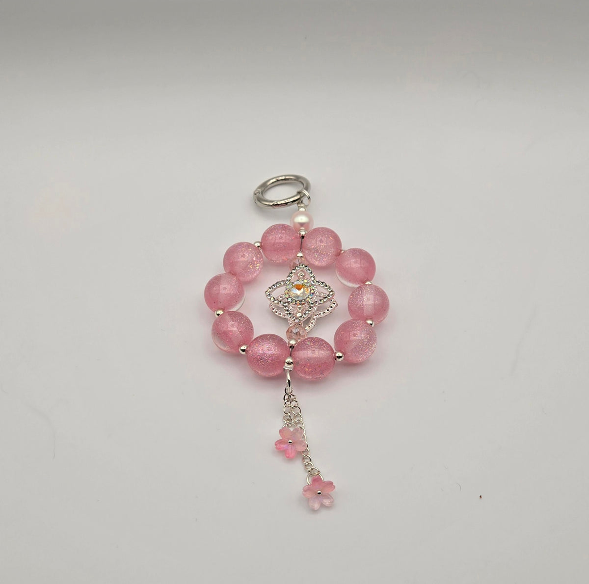 Crystal Blossom pink beaded phone charm with silver crystal focal and flower dangles