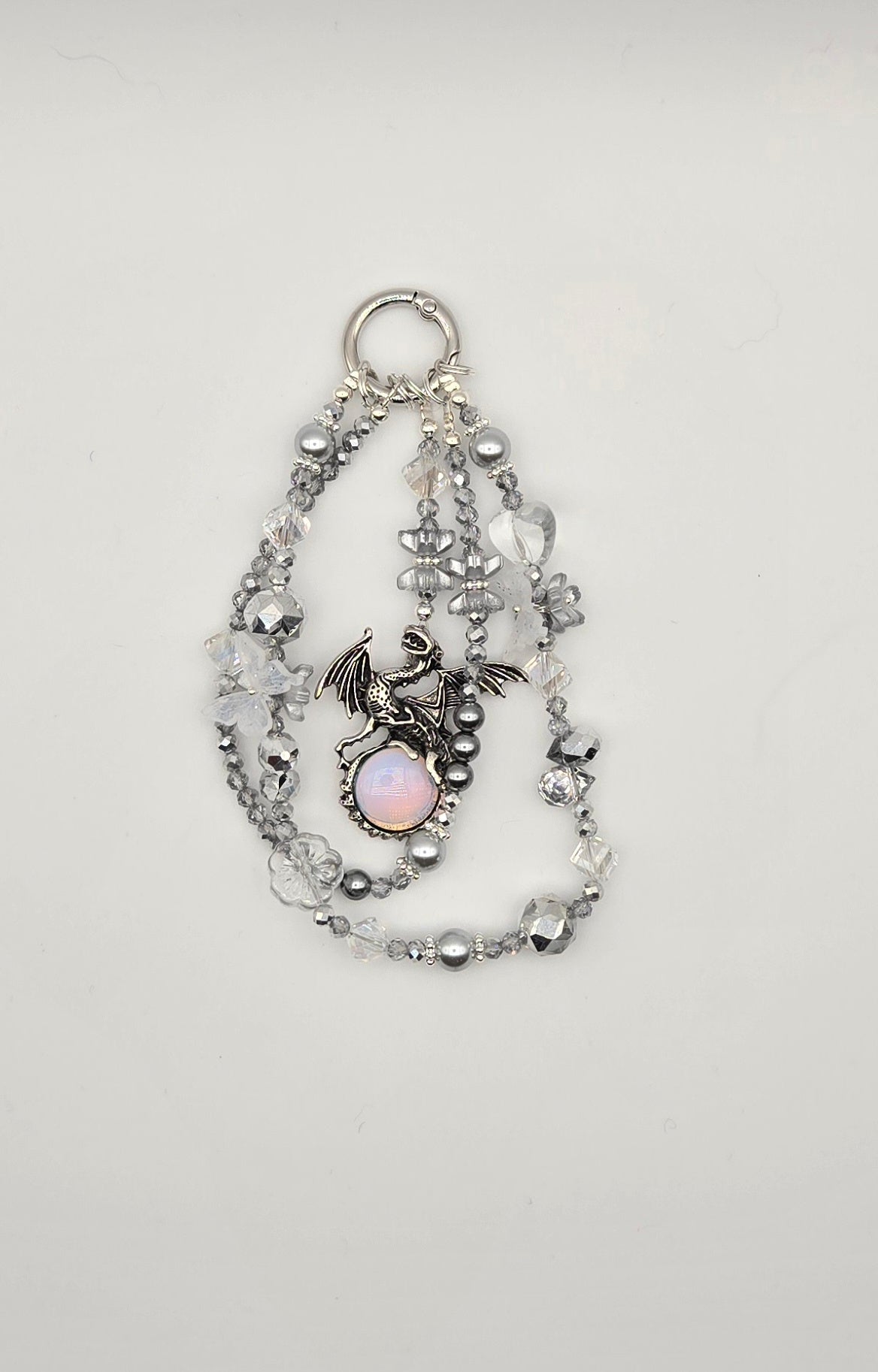 Mystic Guardian Dragon phone charm with silver, crystal and dark iridescent beads