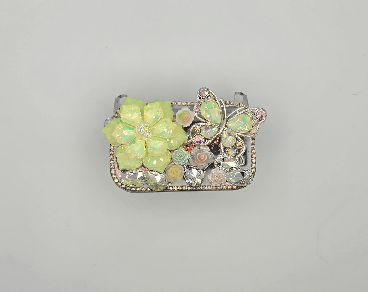 Yellow floral rhinestone phone mirror clip with silver butterfly and crystal accents