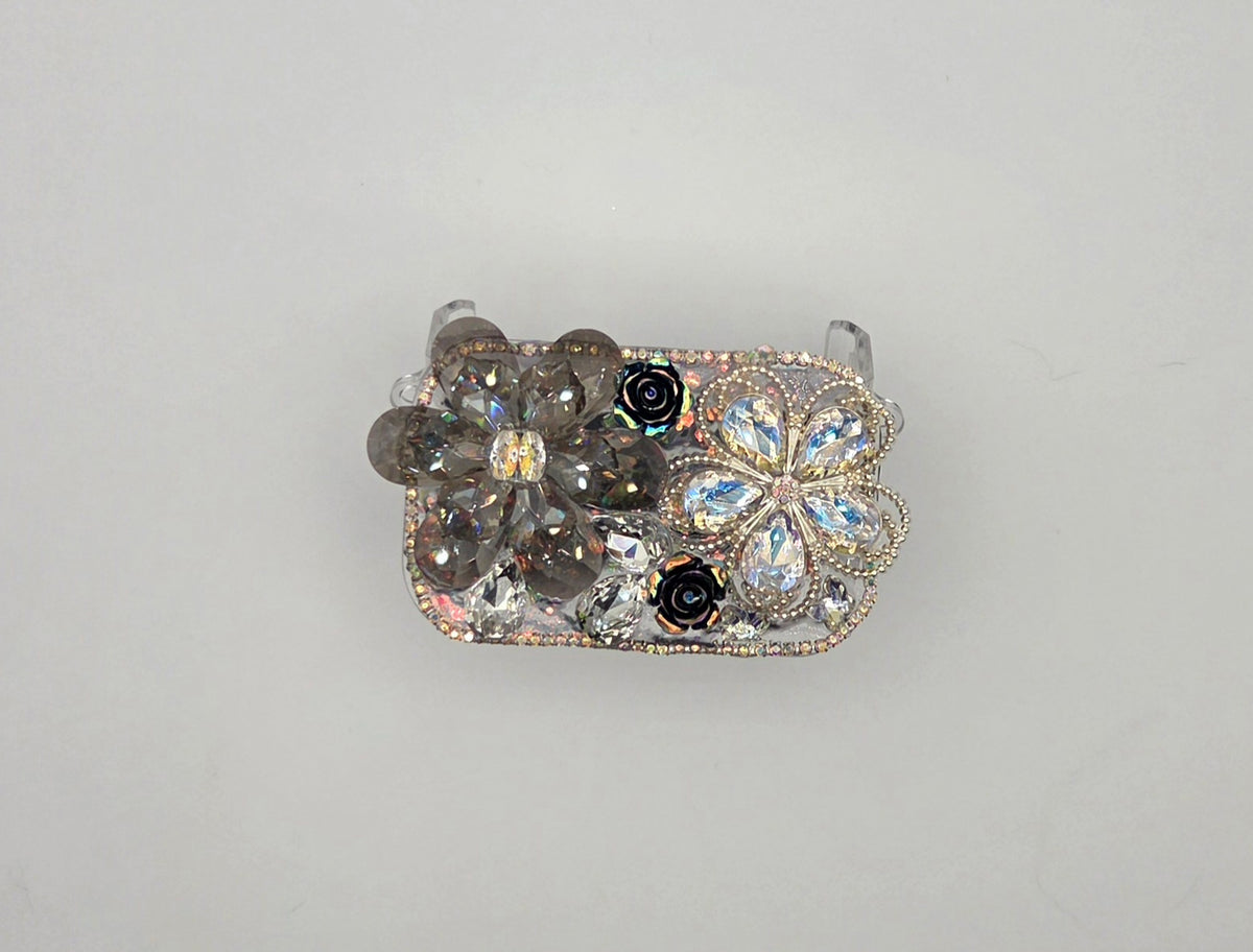Gray floral rhinestone phone mirror clip with smoky crystal flower, black roses, and clear crystal accents