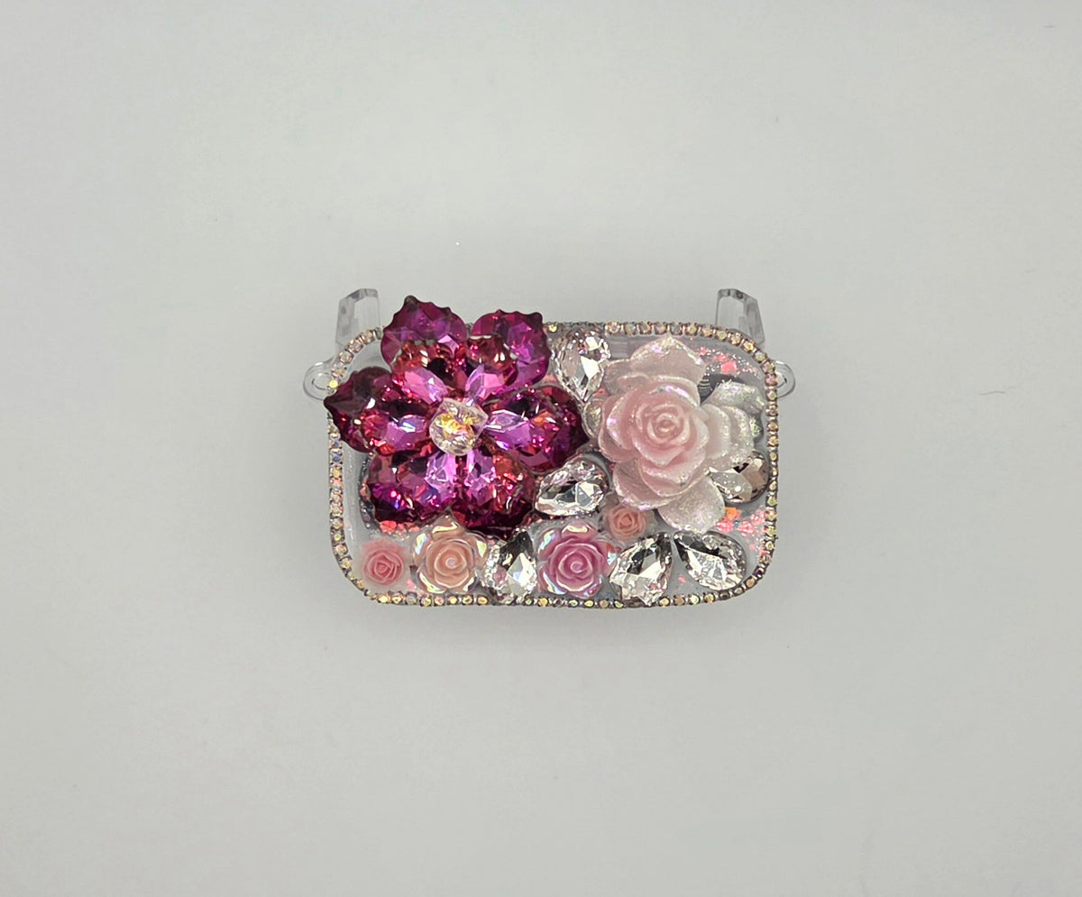 Pink floral rhinestone phone mirror clip with rose and crystal accents