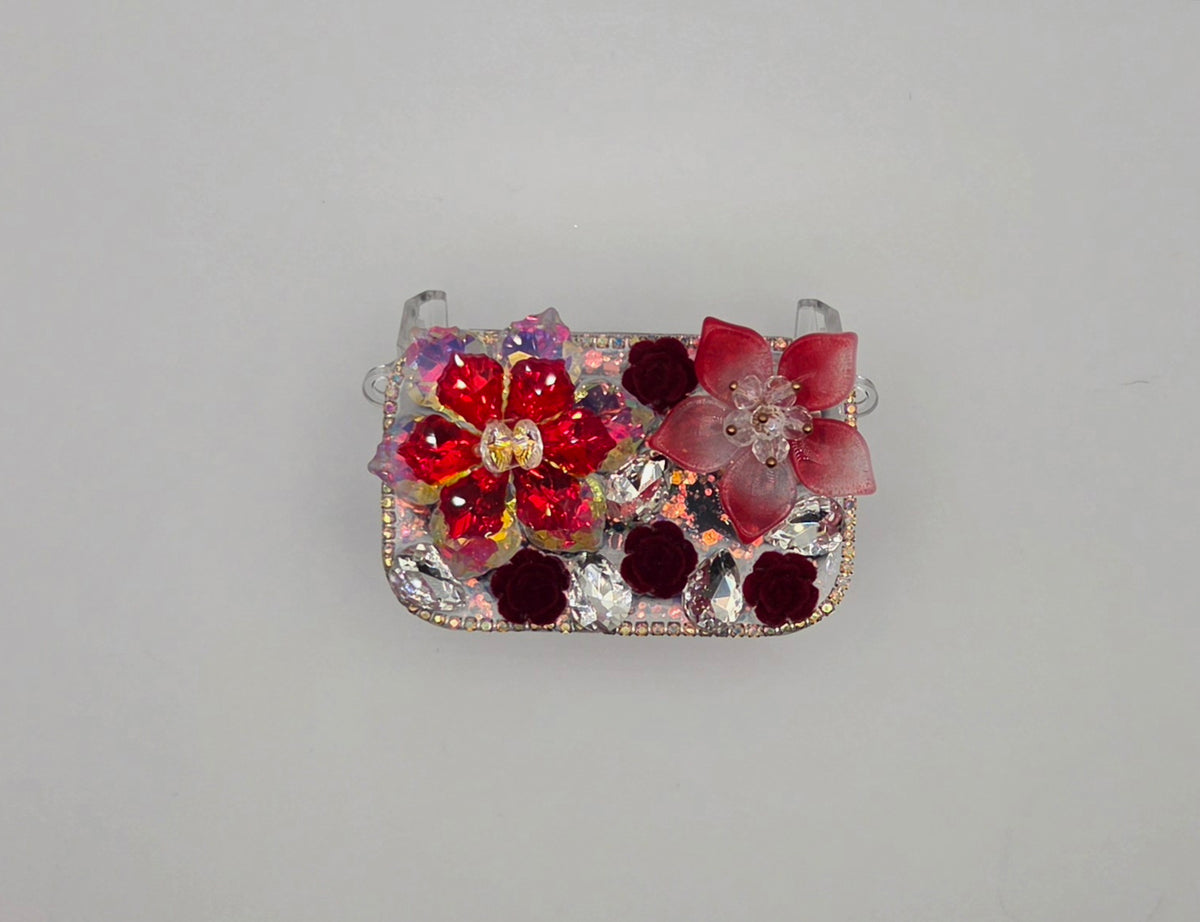 Red floral rhinestone phone mirror clip with rose and crystal accents