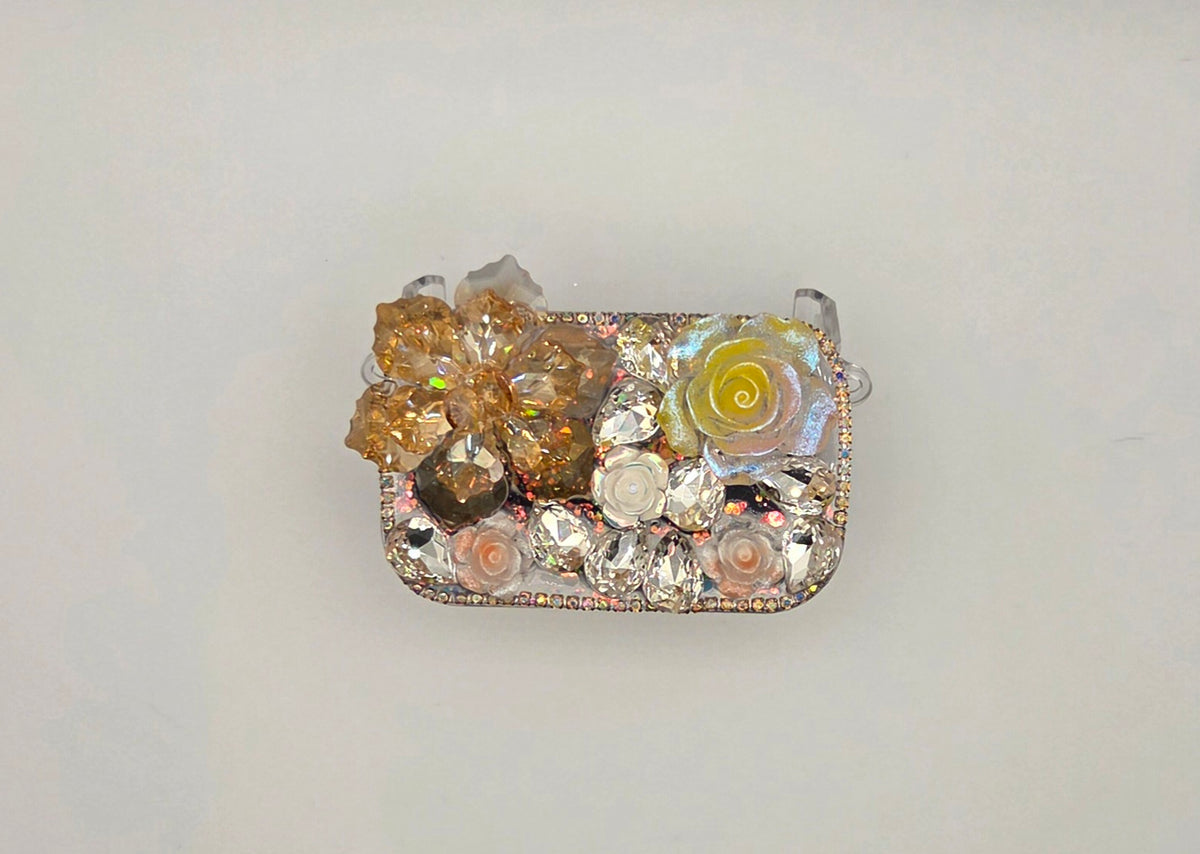 Neutral floral rhinestone phone mirror clip with crystal accents