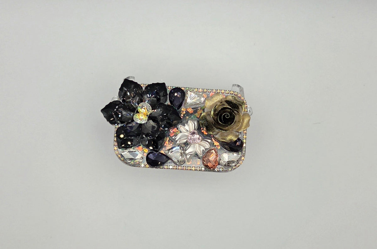 Black floral rhinestone phone mirror clip with pearl and crystal accents
