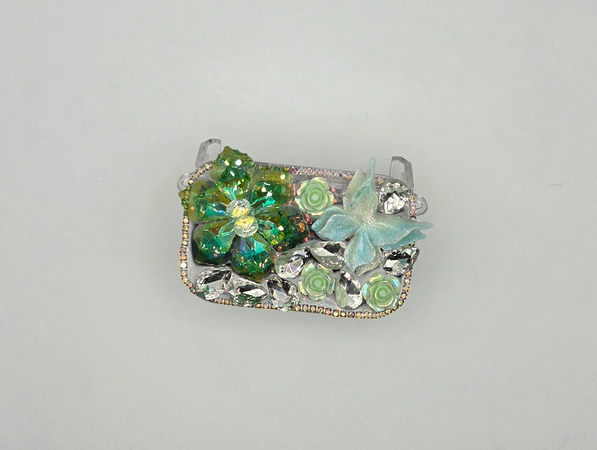 Green floral rhinestone phone mirror clip with crystal accents