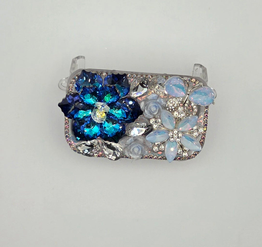 Blue floral rhinestone phone mirror clip with butterfly and crystal accents