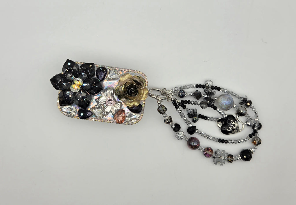 Black floral phone mirror clip with coordinating black beaded phone charm
