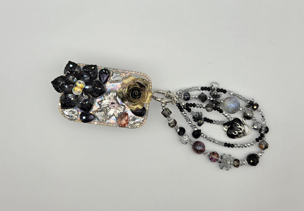 Black floral phone mirror clip with coordinating black beaded phone charm