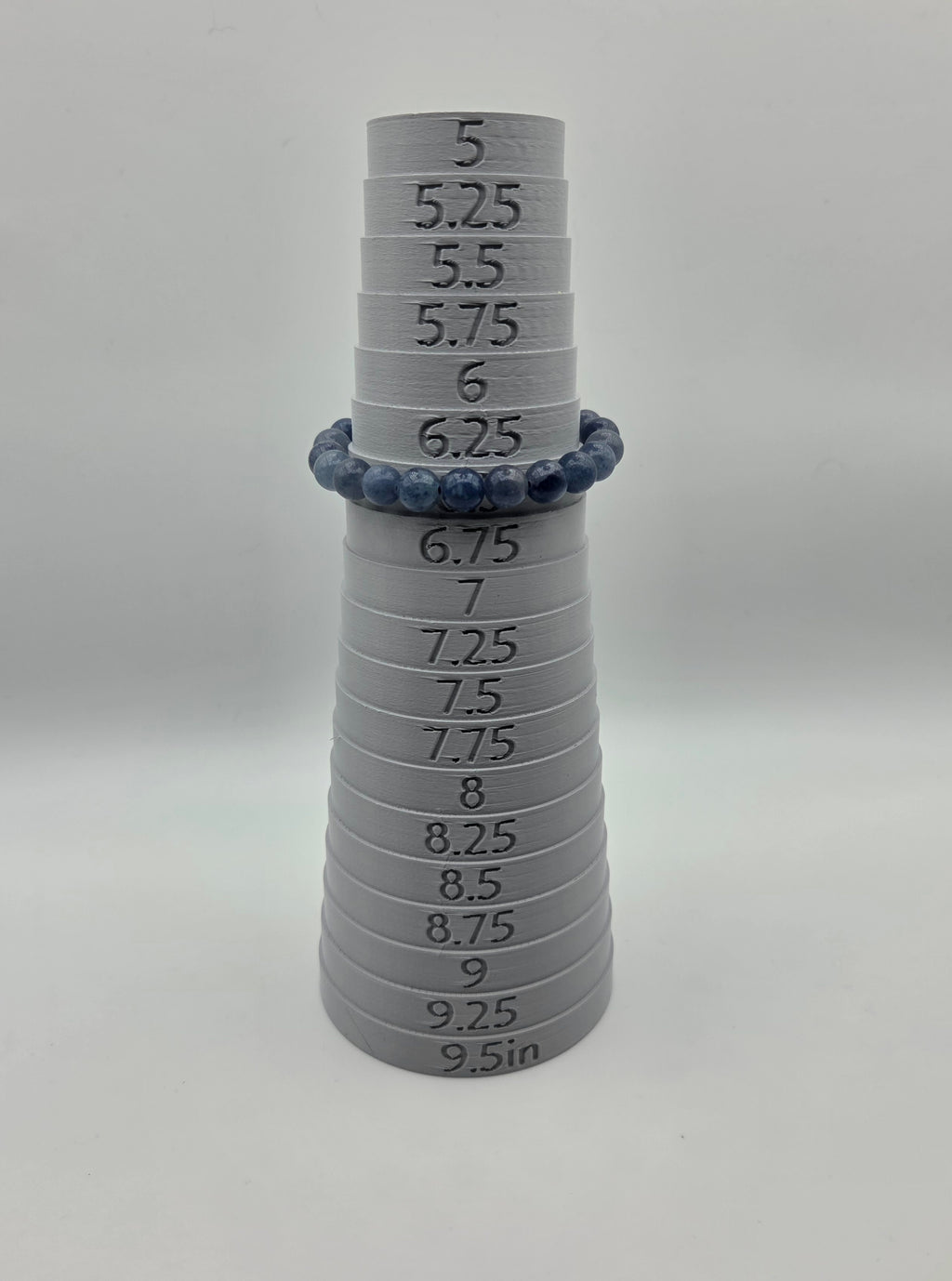 8mm blue aventurine beaded bracelet displayed on a sizing mandrel at 6.5 inches