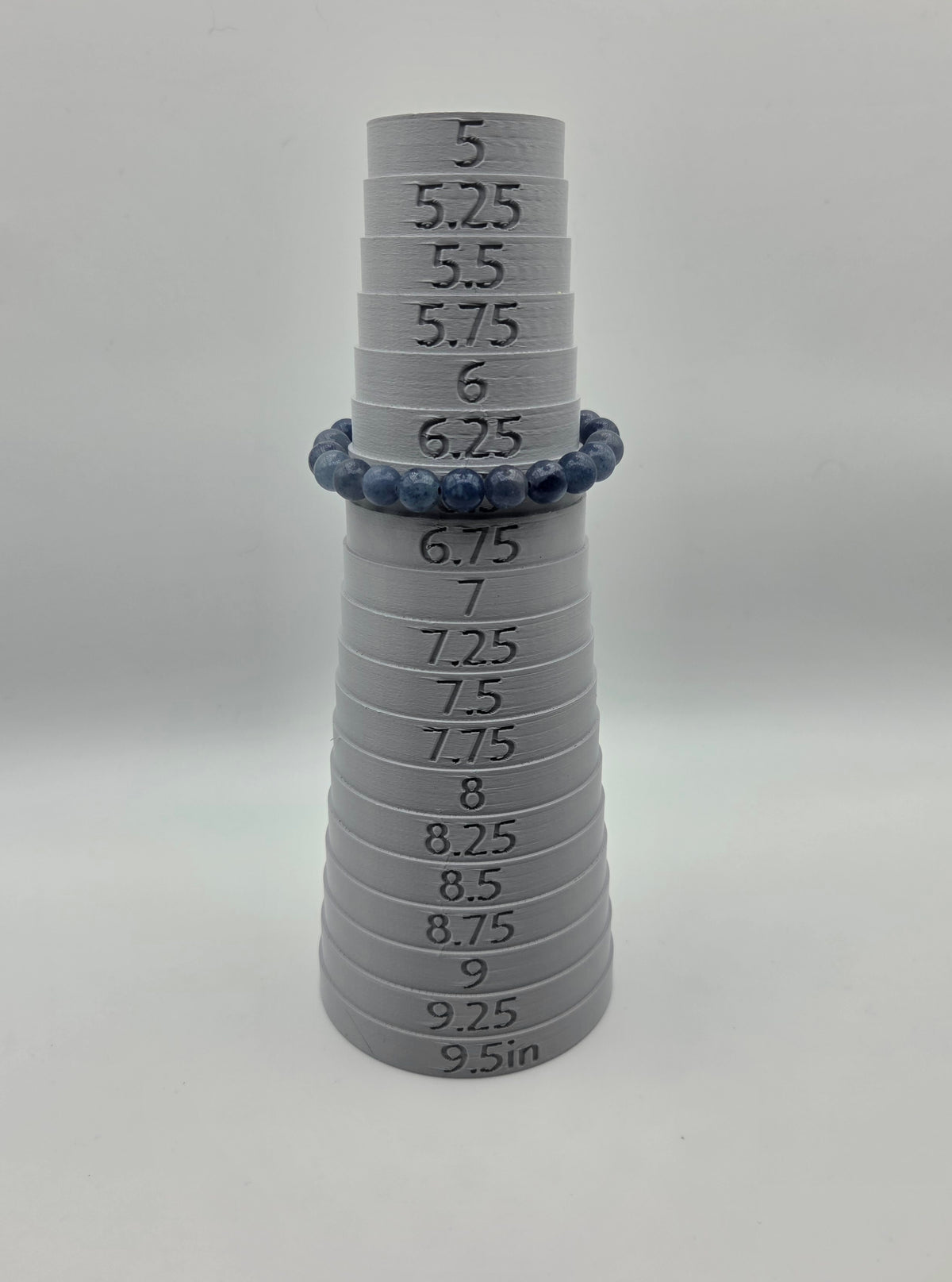 8mm blue aventurine beaded bracelet displayed on a sizing mandrel at 6.5 inches